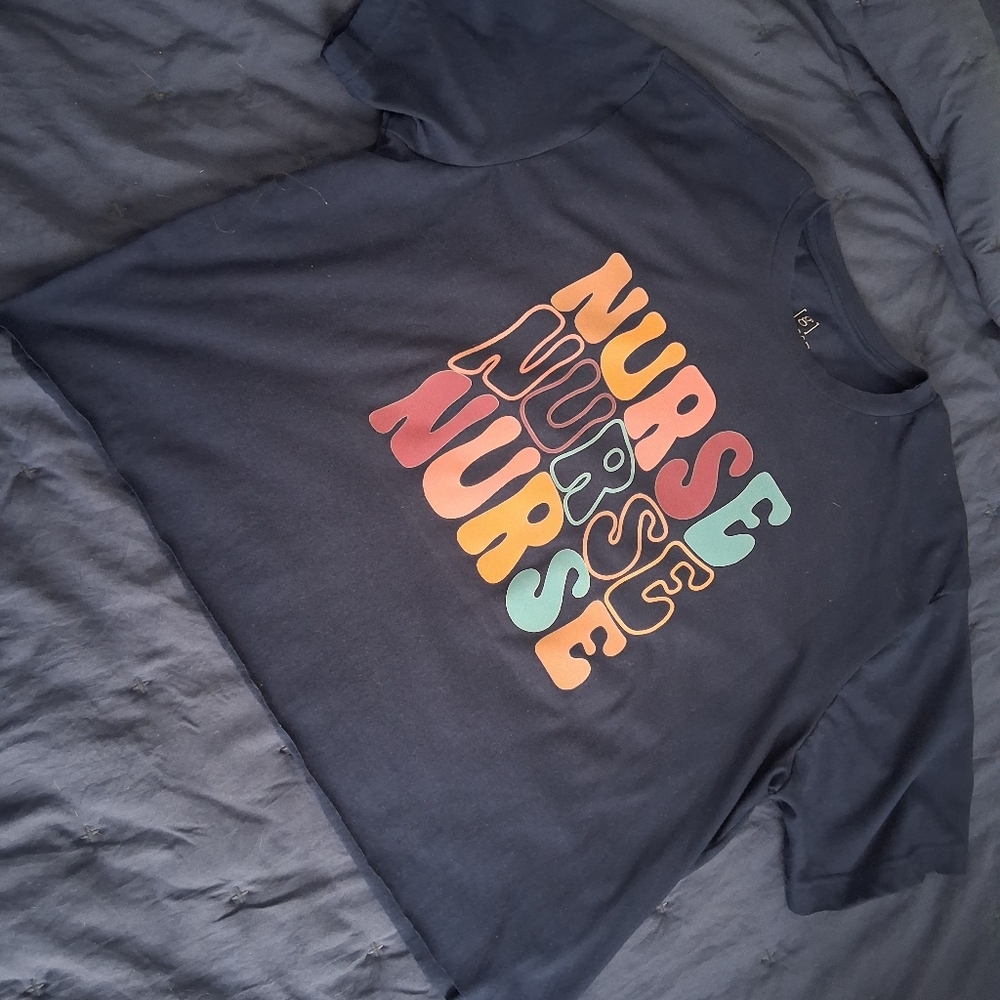 Navy Graphic Tee with Colorful 'Nurse' Print